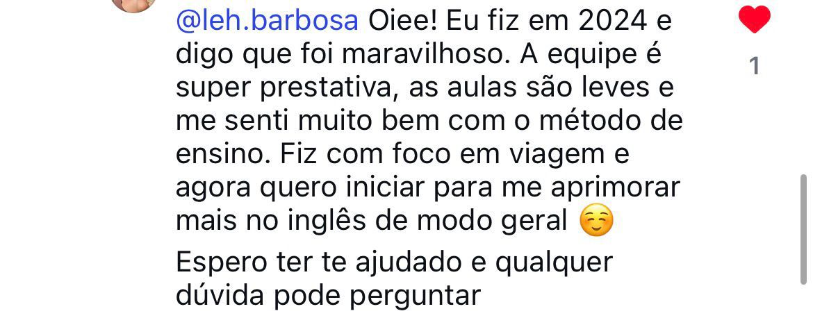 Comentário de aluna: fez o curso com foco em viagem e diz que foi maravilhoso.