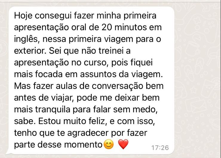 Mensagem de WhatsApp de aluna sobre sua primeira apresentação oral em inglês