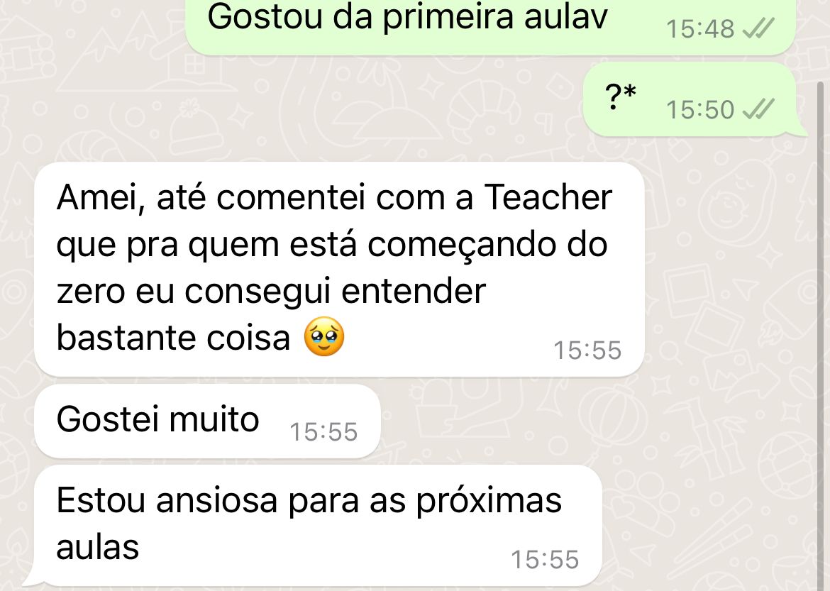 Mensagem de WhatsApp de aluna sobre a primeira aula